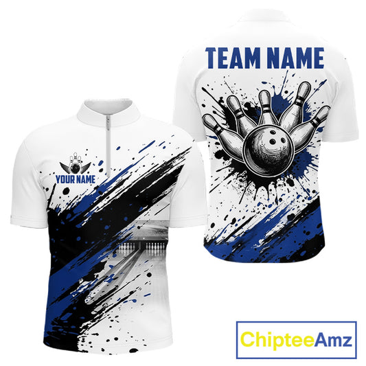 Black and blue splatter paint bowling ball and pins shirt for men custom bowling attire