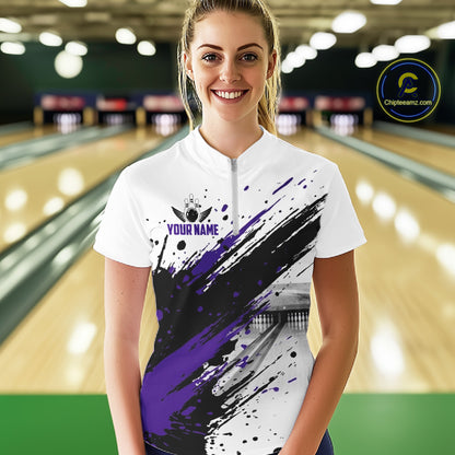 Black And Purple Splatter Paint Bowling Ball & Pins Shirts Custom Team Bowling Attire For Men NYN3448