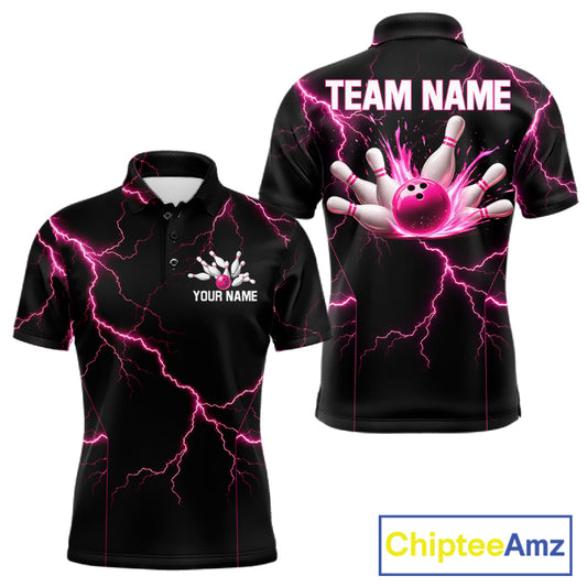 Thunder Lightning Men Bowling Shirt Custom Pink Splatter Bowling Ball & Pins Team Shirts NYN3192
