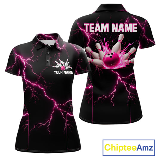 Thunder Lightning Women Bowling Shirt Custom Pink Splatter Bowling Ball & Pins Team Shirts NYN3192