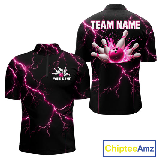 Thunder Lightning Men Bowling Shirt Custom Pink Splatter Bowling Ball & Pins Team Shirts NYN3192