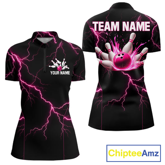 Thunder Lightning Women Bowling Shirt Custom Pink Splatter Bowling Ball & Pins Team Shirts NYN3192
