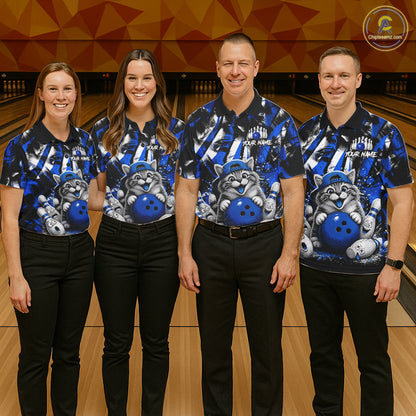 Funny Cat Blue & White Grunge Bowling Jersey For Women Custom Bowling Tournament Bowling Team Shirts NYN3198