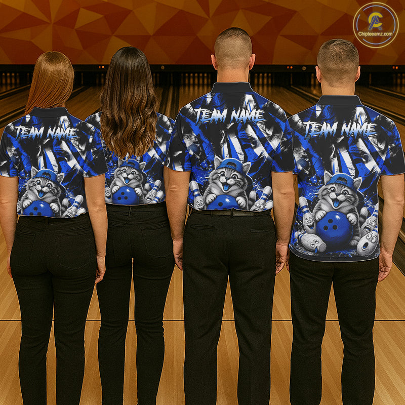 Funny Cat Blue & White Grunge Bowling Jersey For Women Custom Bowling Tournament Bowling Team Shirts NYN3198