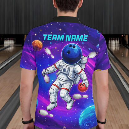 Mens Funny Astronaut Bowling Shirts Custom Purple Blue Galaxy Bowling Team Jerseys, Bowling Gifts NYN3457