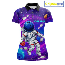 Load image into Gallery viewer, Women's funny astronaut galaxy bowling polo shirt custom bowling team jersey mockup
