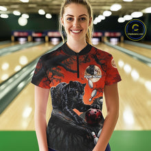 Load image into Gallery viewer, Woman wearing black red panther bowling shirt custom bowling apparel