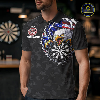 Male model wearing Patriotic Skull Eagle Black Darts Polo, Personalized USA Tournament Jersey