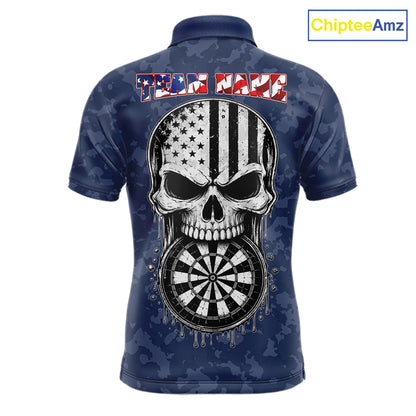 Patriotic American Flag Skull Eagle Camo Women's Darts Polo Shirt Mockup, Blue Custom USA Dart Team Jersey, Personalized Tournament Apparel