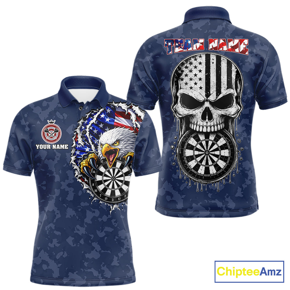 Patriotic American Flag Skull Eagle Camo Women's Darts Polo Shirt Mockup, Blue Custom USA Dart Team Jersey, Personalized Tournament Apparel