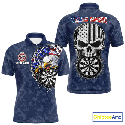 Patriotic American Flag Skull Eagle Camo Women's Darts Polo Shirt Mockup, Blue Custom USA Dart Team Jersey, Personalized Tournament Apparel