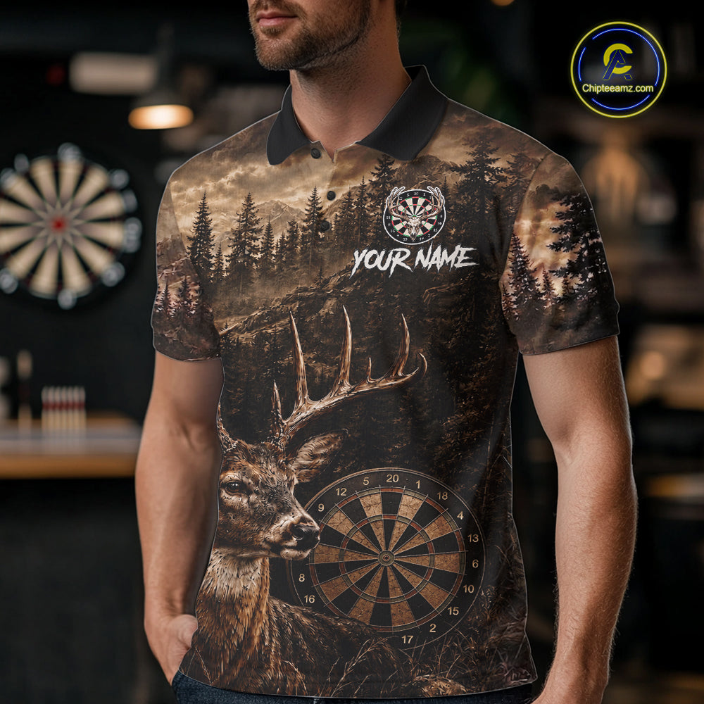 Male model wearing Funny Deer Brown Grunge Darts Polo, Personalized Tournament Shirt