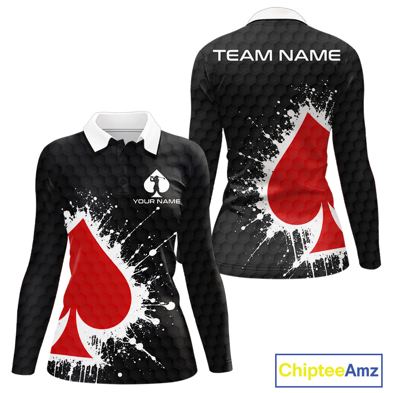 Red Spades Poker Womens Golf Polo Shirt Custom Name Splatter Poker Golf Top For Team, Golf Gift NYN4034