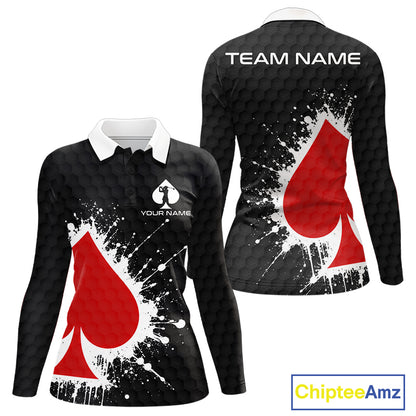 Red Spades Poker Womens Golf Polo Shirt Custom Name Splatter Poker Golf Top For Team, Golf Gift NYN4034