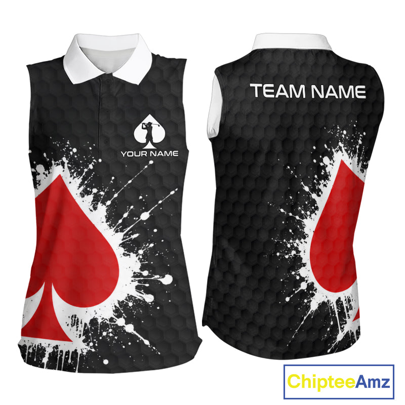 Red Spades Poker Womens Golf Sleeveless Polo Shirt Custom Name Splatter Poker Golf Top For Team, Golf Gift NYN4034