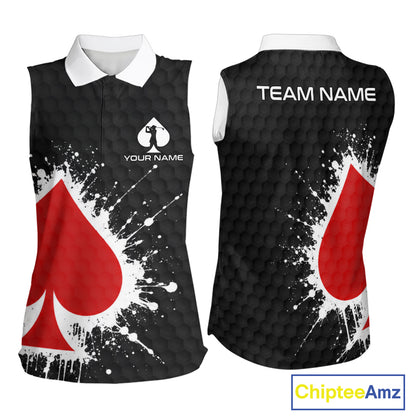 Red Spades Poker Womens Golf Sleeveless Polo Shirt Custom Name Splatter Poker Golf Top For Team, Golf Gift NYN4034
