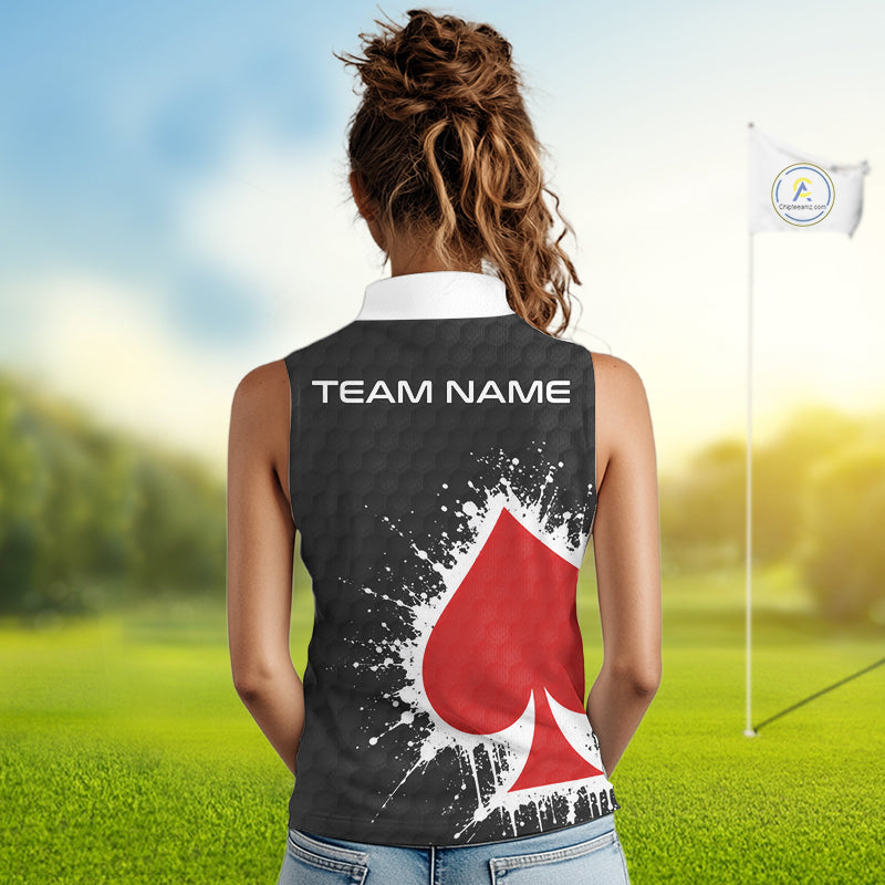 Red Spades Poker Womens Golf Sleeveless Polo Shirt Custom Name Splatter Poker Golf Top For Team, Golf Gift NYN4034