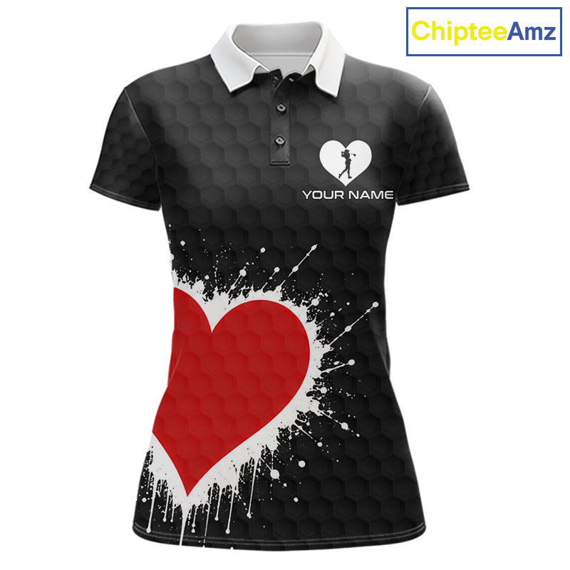 Red Hearts Poker Womens Golf Polo Shirt Custom Name Splatter Poker Golf Top For Team, Golf Gift NYN4035