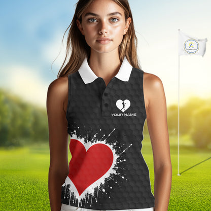 Red Hearts Poker Womens Golf Sleeveless Polo Shirt Custom Name Splatter Poker Golf Top For Team, Golf Gift NYN4035