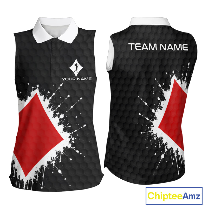 Red Diamonds Poker Womens Golf Sleeveless Polo Shirt Custom Name Splatter Poker Golf Top For Team, Golf Gift NYN4036