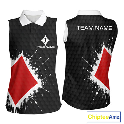 Red Diamonds Poker Womens Golf Sleeveless Polo Shirt Custom Name Splatter Poker Golf Top For Team, Golf Gift NYN4036