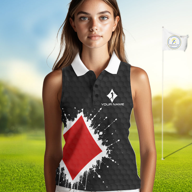Red Diamonds Poker Womens Golf Sleeveless Polo Shirt Custom Name Splatter Poker Golf Top For Team, Golf Gift NYN4036