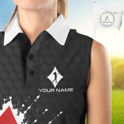 Red Diamonds Poker Womens Golf Sleeveless Polo Shirt Custom Name Splatter Poker Golf Top For Team, Golf Gift NYN4036