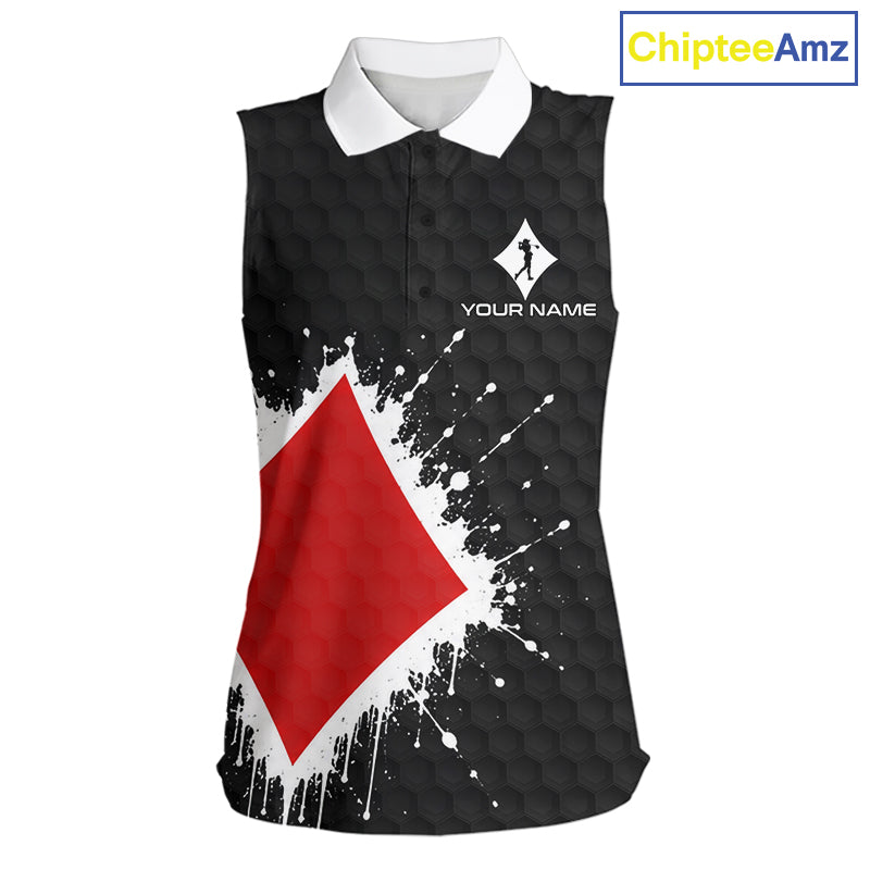 Red Diamonds Poker Womens Golf Sleeveless Polo Shirt Custom Name Splatter Poker Golf Top For Team, Golf Gift NYN4036