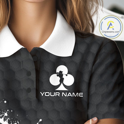 Black Clubs Poker Womens Golf Polo Shirt Custom Name Splatter Poker Golf Top For Team, Golf Gift NYN4037