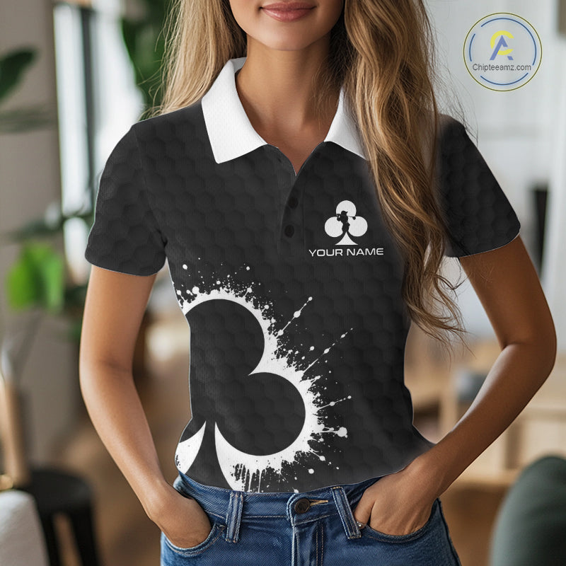 Black Clubs Poker Womens Golf Polo Shirt Custom Name Splatter Poker Golf Top For Team, Golf Gift NYN4037