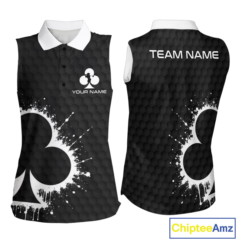 Black Clubs Poker Womens Golf Sleeveless Polo Shirt Custom Name Splatter Poker Golf Top For Team, Golf Gift NYN4037