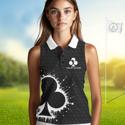 Black Clubs Poker Womens Golf Sleeveless Polo Shirt Custom Name Splatter Poker Golf Top For Team, Golf Gift NYN4037