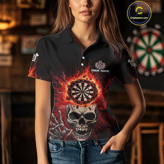 Red Skeleton Flames Cracked Dartboard Custom Women Darts Polo Shirt Dart Jerseys NYN1920