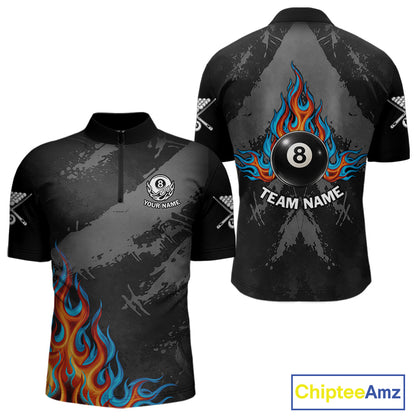 Blue And Red Flames 8 Ball Pool Men Polo & 1/4-Zip Team Shirts Custom Billiards Ball Apparel NYN2460