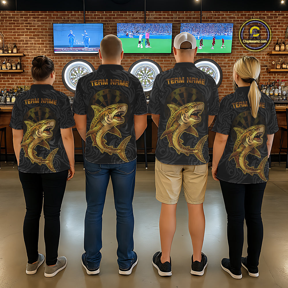 Personalized Black & Gold Funny Shark Tribal Dart Quarter-Zip Shirts Men Dart Team Jerseys NYN2186