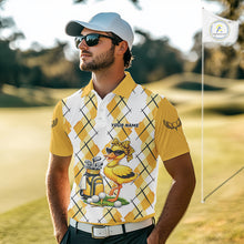 Load image into Gallery viewer, Mens Funny Duck Golfer Polo Golf Shirts Custom White Yellow Argyle Golf Team Attire For Golfers NYN3057