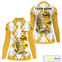 Load image into Gallery viewer, Womens Funny Duck Golfer Polo Golf Shirts Custom White Yellow Argyle Golf Team Attire For Golfers NYN3057