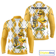 Load image into Gallery viewer, Mens Funny Duck Golfer Polo Golf Shirts Custom White Yellow Argyle Golf Team Attire For Golfers NYN3057