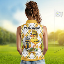 Load image into Gallery viewer, Womens Funny Duck Golfer Sleeveless Polo Golf Shirts Custom White Yellow Argyle Golf Attire For Golfers NYN3057