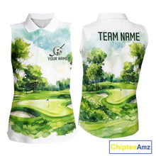 Load image into Gallery viewer, Women's green watercolor golf course polo shirt mockup personalized golf apparel