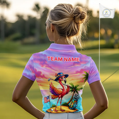 Woman wearing flamingo island golf polo shirt on golf course