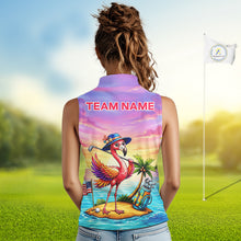 Load image into Gallery viewer, Woman wearing flamingo island golf sleeveless polo shirt on golf course