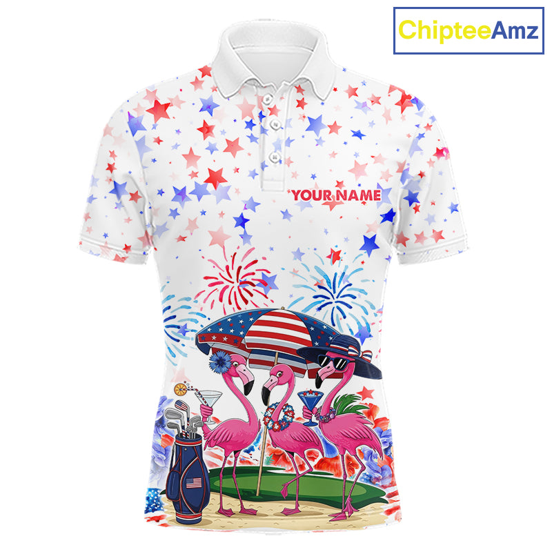 Men's golf polo mockup featuring American Flag with pink flamingo graphics, personalized golf shirt for patriotic golf tournaments, golf teams and country club championships. Appeals to American pride, beach lifestyle and tropical fashion lovers.