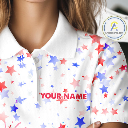 Female golfer wearing patriotic flamingo golf polo during Independence Day golf event, premium golf apparel for patriotic golfers and tropical fashion enthusiasts.