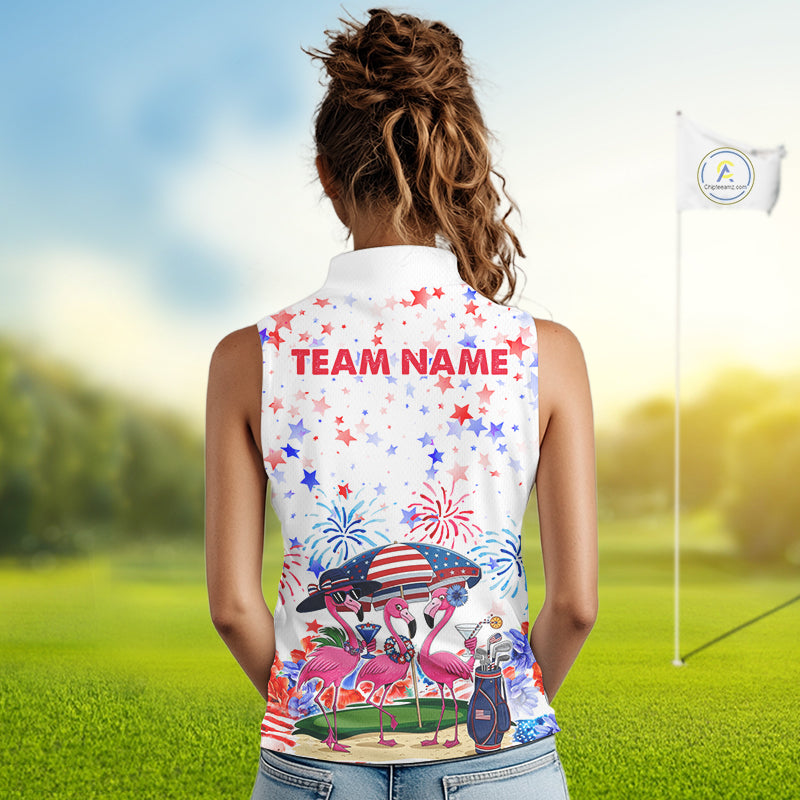 American Flag Womens Golf Sleeveless Polo Shirts Custom Patriotic Pink Flamingo White Golf Tournament Shirts NYN3768