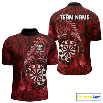 Personalized Fern Leaves Red Fire Tribal Dart Quarter-Zip Shirts For Men Dart Team Jerseys NYN2192