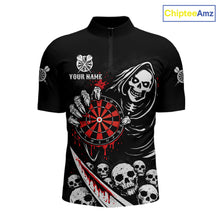 Load image into Gallery viewer, Red Dripping Grim Reaper Dartboard Skull Dart 1/4-Zip Shirts For Men Custom Name For Dart Players NYN2684
