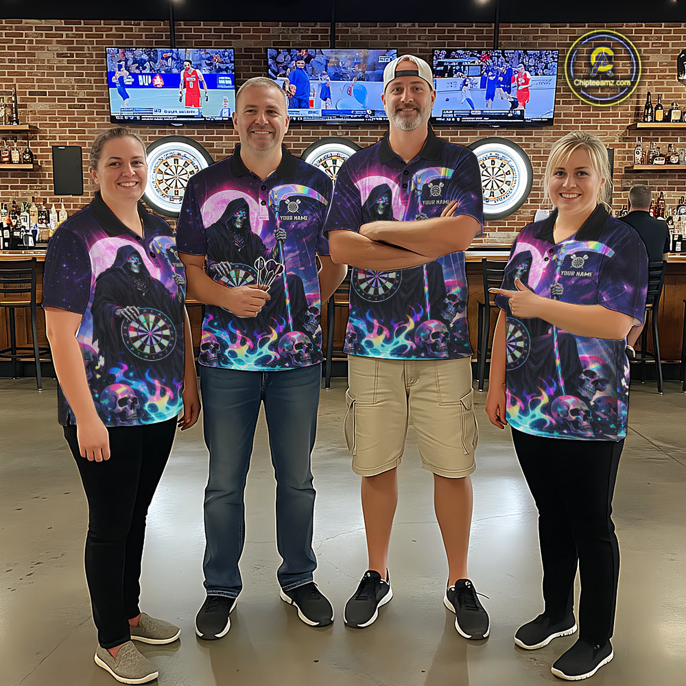 Galaxy Holographic Grim Reaper Dartboard Skull Dart 1/4-Zip Shirts For Women Custom Name For Dart Players NYN2686
