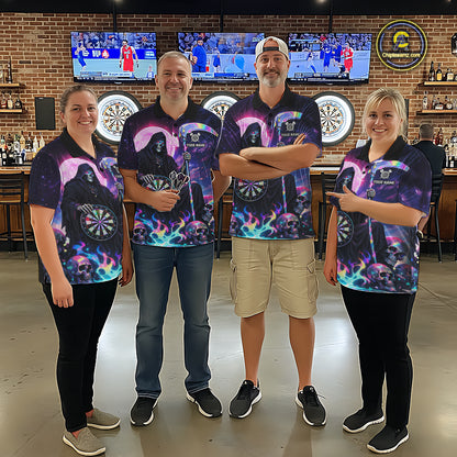 Galaxy Holographic Grim Reaper Dartboard Skull Dart 1/4-Zip Shirts For Women Custom Name For Dart Players NYN2686