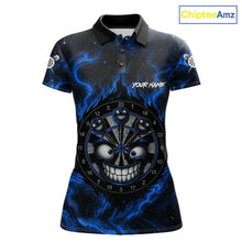 Load image into Gallery viewer, Women's funny smile dartboard black blue smoke dart polo shirt mockup custom dart jersey